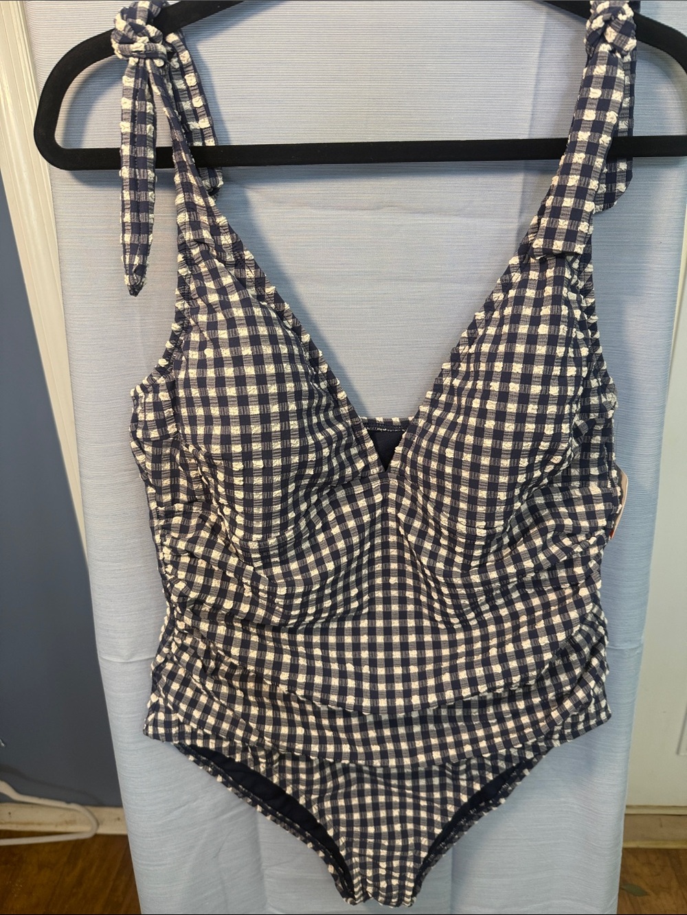 Ellen Tracy Navy and White Gingham Tie-Shoulder One-Piece new with tags